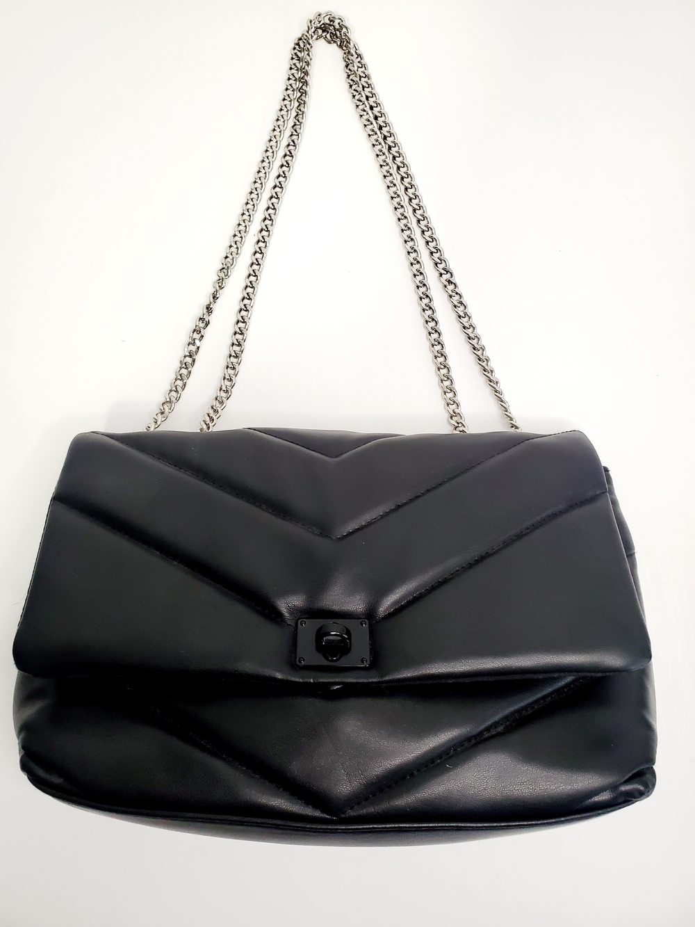 Black Quilted Shoulder Bag with Silver Chain Strap